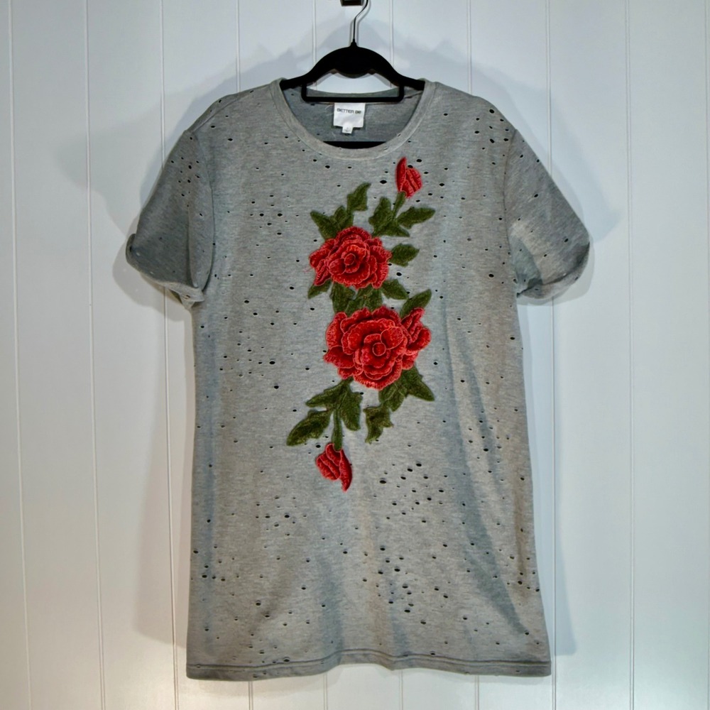 Better Be Gray Distressed Rose Embroidered T-Shirt Dress Womens Large D1416